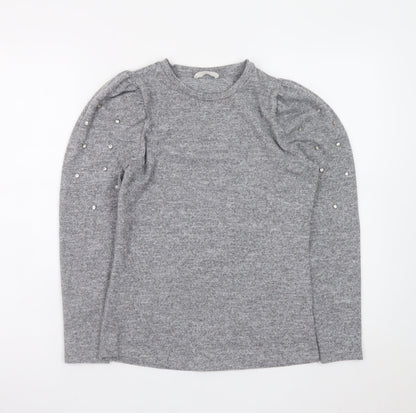 Savida Womens Grey XS Beaded Puff Sleeve Crew Neck Knit Jumper