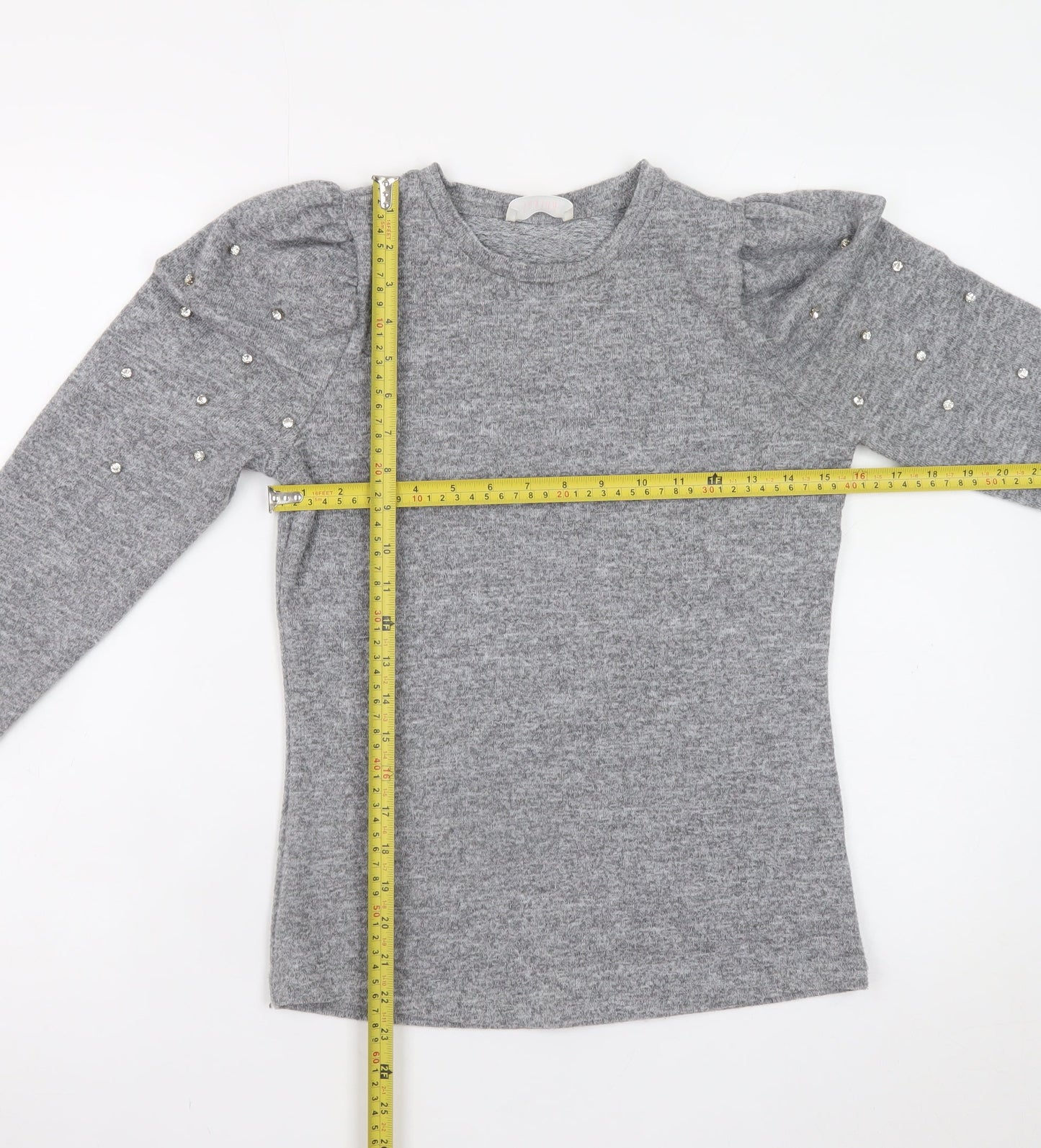 Savida Womens Grey XS Beaded Puff Sleeve Crew Neck Knit Jumper