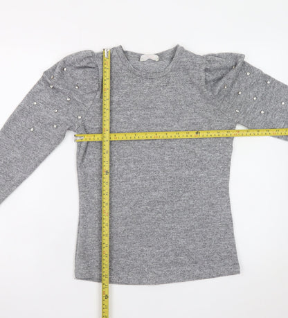 Savida Womens Grey XS Beaded Puff Sleeve Crew Neck Knit Jumper