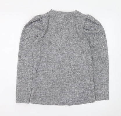 Savida Womens Grey XS Beaded Puff Sleeve Crew Neck Knit Jumper