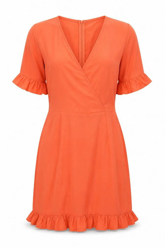 Front view of I Saw It First Women’s Orange Short Wrap Dress, size UK 8