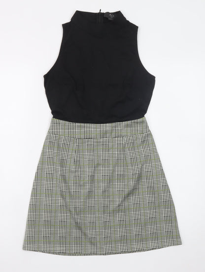 AX Paris Women Black Check Shift Dress Size 8 Sleeveless High Neck