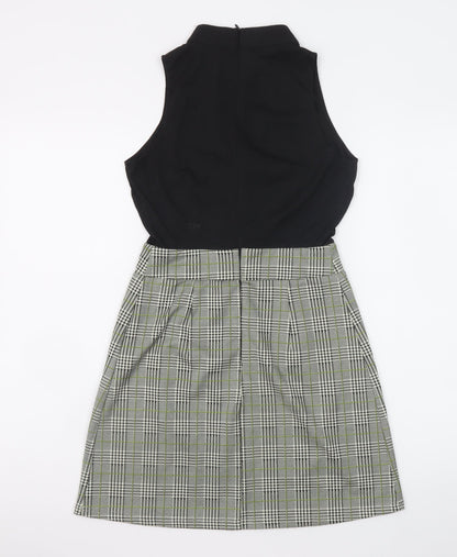 AX Paris Women Black Check Shift Dress Size 8 Sleeveless High Neck