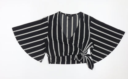 New Look Women's Black Striped Wrap Blouse Size 8 Kimono Sleeve