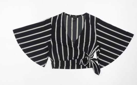 New Look Women's Black Striped Wrap Blouse Size 8 Kimono Sleeve