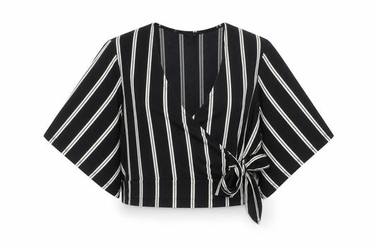 New Look Women's Black Striped Wrap Blouse Size 8 Kimono Sleeve