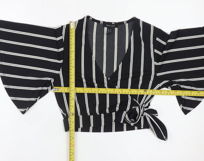New Look Women's Black Striped Wrap Blouse Size 8 Kimono Sleeve