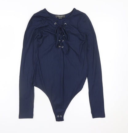 Primark Womens Blue Lace Up Bodysuit Top Size 8 Long Sleeve