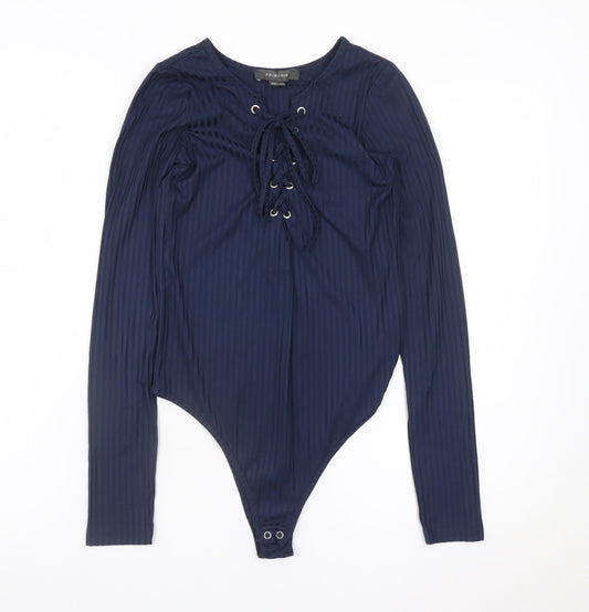 Primark Womens Blue Lace Up Bodysuit Top Size 8 Long Sleeve