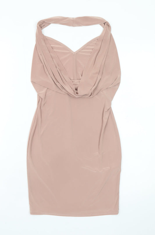 Boohoo Women Beige Bodycon Cowl Neck Sleeveless Short Dress Size 10