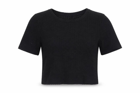 Mango Women's Black Cropped Knit T-Shirt Size S Short Sleeve