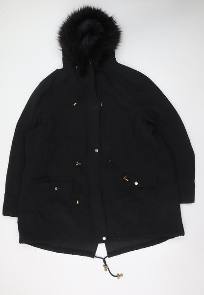 Anthology Womens Black Long Parka Coat Size 22 Hooded Faux Fur Trim