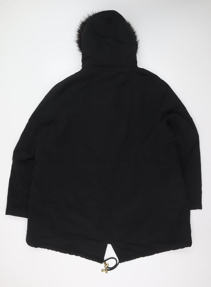 Anthology Womens Black Long Parka Coat Size 22 Hooded Faux Fur Trim