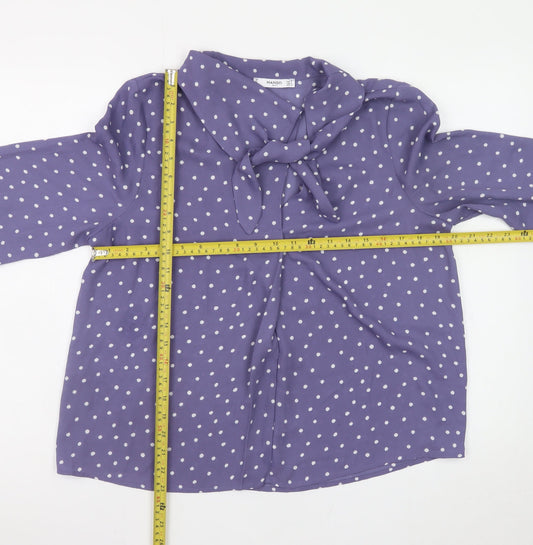 Mango Women’s Purple Polka Dot Bow Neck Long Sleeve Blouse Size 12