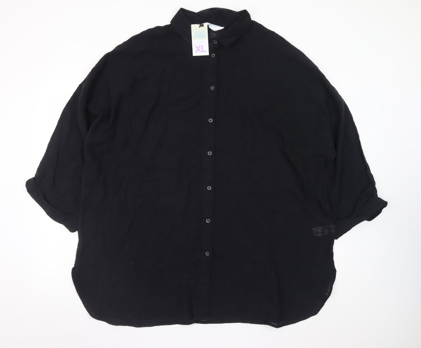 Primark Womens Black Linen Button-Up Shirt XL Relaxed Fit