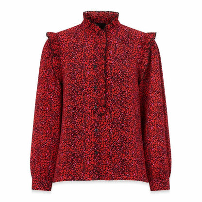 Savida Women's Red Floral Ruffle Long Sleeve Blouse XS