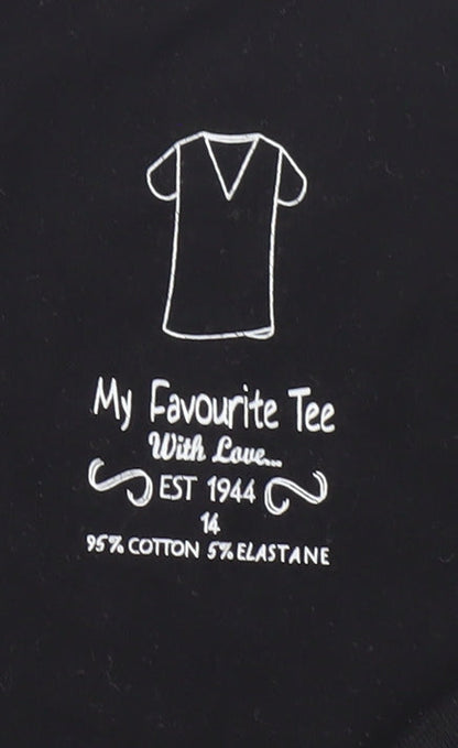 My Favourite Tee Women Black Cotton V-Neck Short Sleeve T-Shirt Size 14