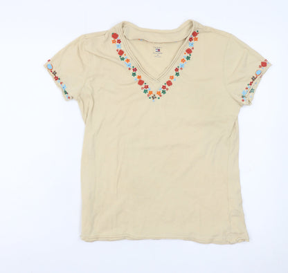 Tommy Hilfiger Womens Beige Embroidered V-Neck Cotton T-Shirt M