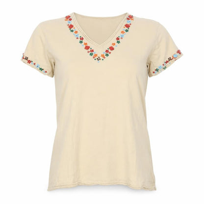 Tommy Hilfiger Womens Beige Embroidered V-Neck Cotton T-Shirt M