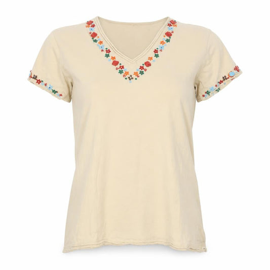 Tommy Hilfiger Womens Beige Embroidered V-Neck Cotton T-Shirt M