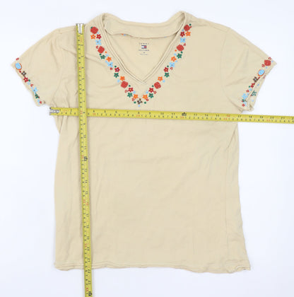 Tommy Hilfiger Womens Beige Embroidered V-Neck Cotton T-Shirt M