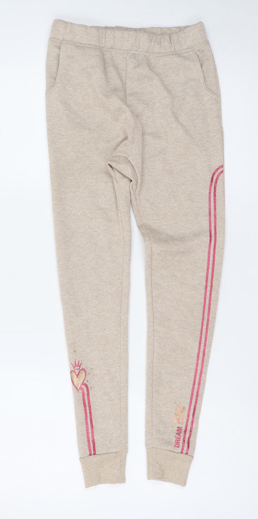 Disney Girls Beige Jogger Sweatpants 7-8 Years Dream Big Glitter Heart Trim
