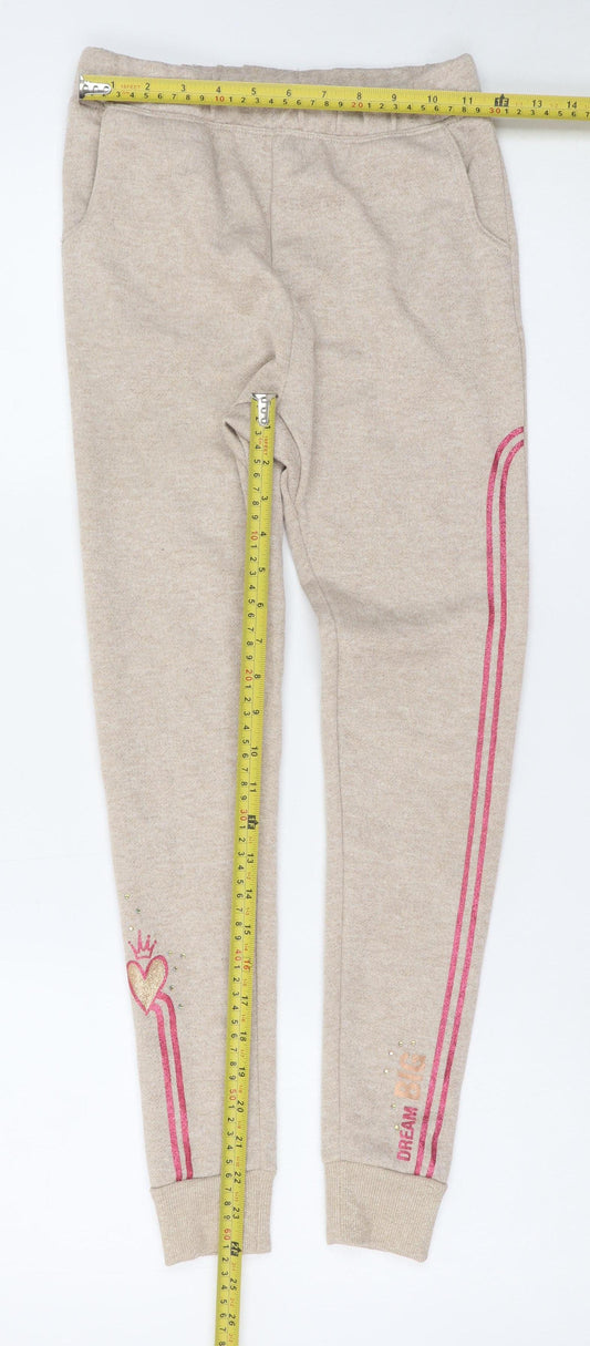 Disney Girls Beige Jogger Sweatpants 7-8 Years Dream Big Glitter Heart Trim