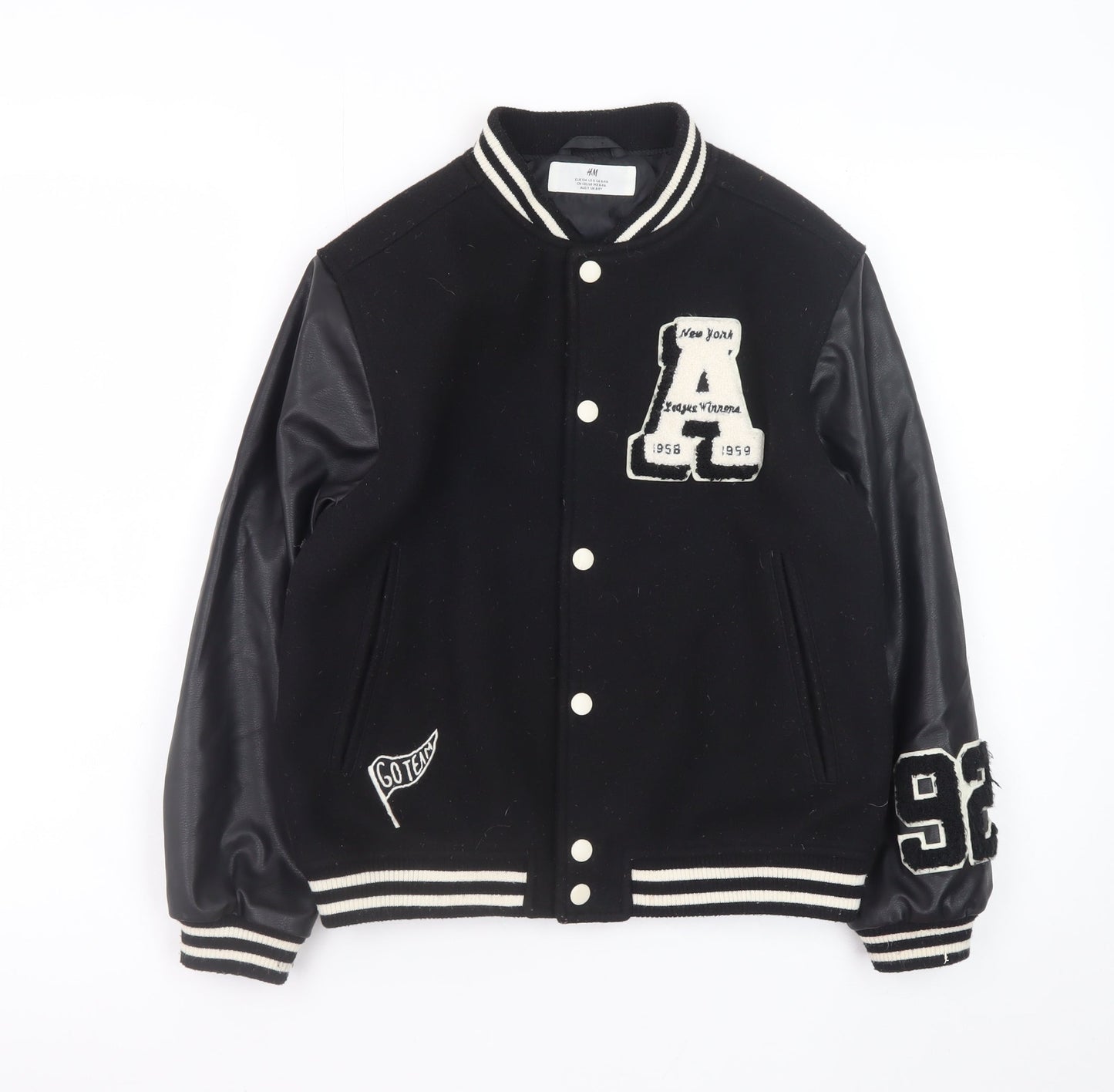 H&M Boys Black Varsity Jacket 8-9 Years Polyester Button Up Lined