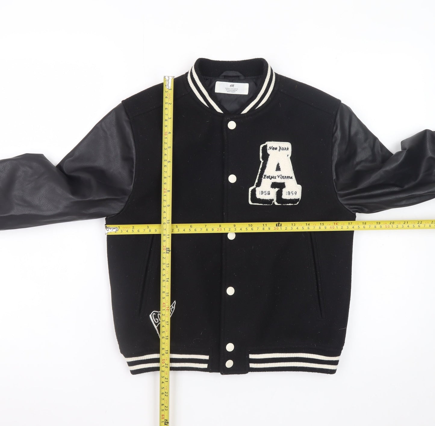 H&M Boys Black Varsity Jacket 8-9 Years Polyester Button Up Lined