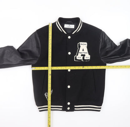 H&M Boys Black Varsity Jacket 8-9 Years Polyester Button Up Lined