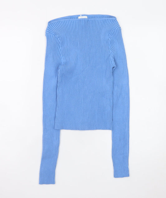 H&M Womens Blue Boat Neck Ribbed Knit Slim Fit Pullover Jumper Size 12