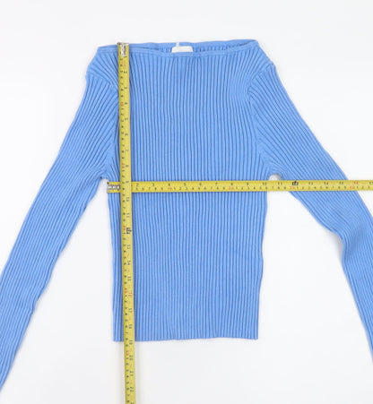 H&M Womens Blue Boat Neck Ribbed Knit Slim Fit Pullover Jumper Size 12