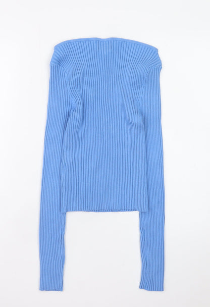 H&M Womens Blue Boat Neck Ribbed Knit Slim Fit Pullover Jumper Size 12