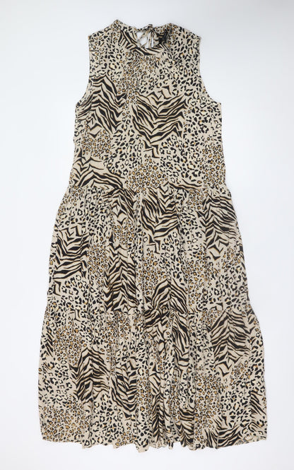 New Look Women Beige Animal Print Midi A-Line Sleeveless Dress Size 12