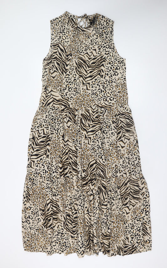 New Look Women Beige Animal Print Midi A-Line Sleeveless Dress Size 12