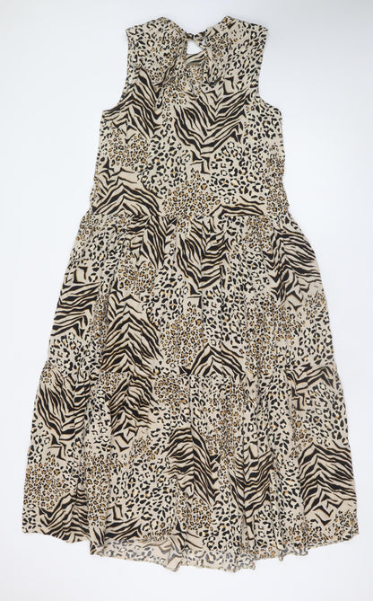 New Look Women Beige Animal Print Midi A-Line Sleeveless Dress Size 12