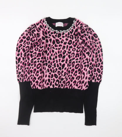 Savida Women's Pink Leopard Jewel Neck Puff Sleeve Jumper Size 12