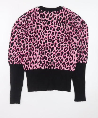 Savida Women's Pink Leopard Jewel Neck Puff Sleeve Jumper Size 12