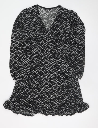 Dunnes Women’s Black Floral Mini Dress Size 8 V-Neck Long Sleeve