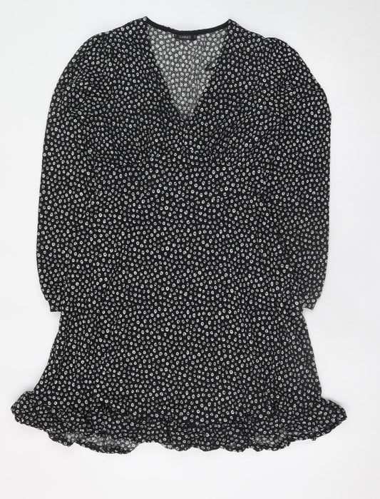 Dunnes Women’s Black Floral Mini Dress Size 8 V-Neck Long Sleeve