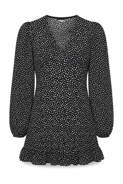 Front view of Dunnes Women’s Black Floral Mini Dress, size UK 8, V-Neck Long Sleeve