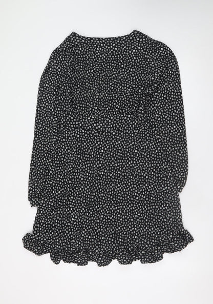 Dunnes Women’s Black Floral Mini Dress Size 8 V-Neck Long Sleeve
