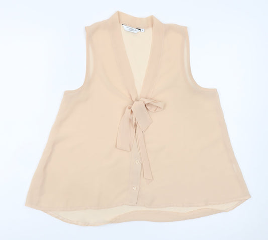 New Look Women Beige Sleeveless Bow Neck Chiffon Blouse Size 8