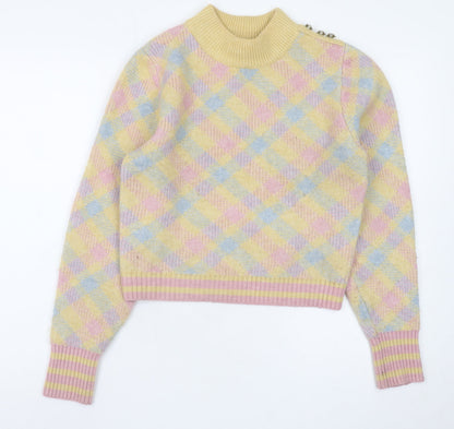 Zara Women's Multicoloured Mock Neck Argyle Wool Blend Jumper S