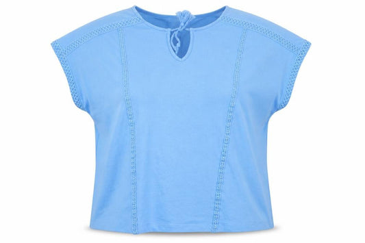 Front view of Gallery women’s blue crochet trim tunic blouse, size L