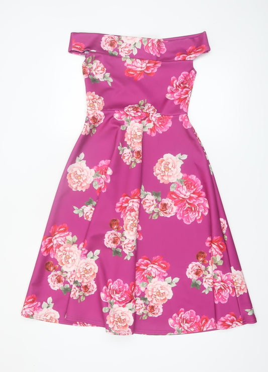 Boohoo Women’s Pink Floral Off Shoulder Fit & Flare Dress Size 8