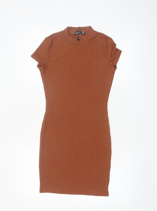 Boohoo Women’s Brown Bodycon Ribbed High Neck Short Sleeve Dress Size 8