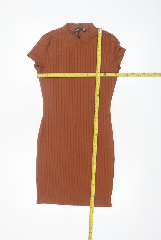 Boohoo Women’s Brown Bodycon Ribbed High Neck Short Sleeve Dress Size 8