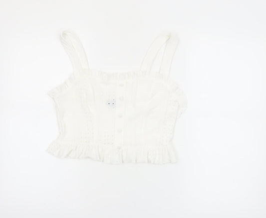 New Look Women's White Cotton Cropped Ruffle Blouse Size 12