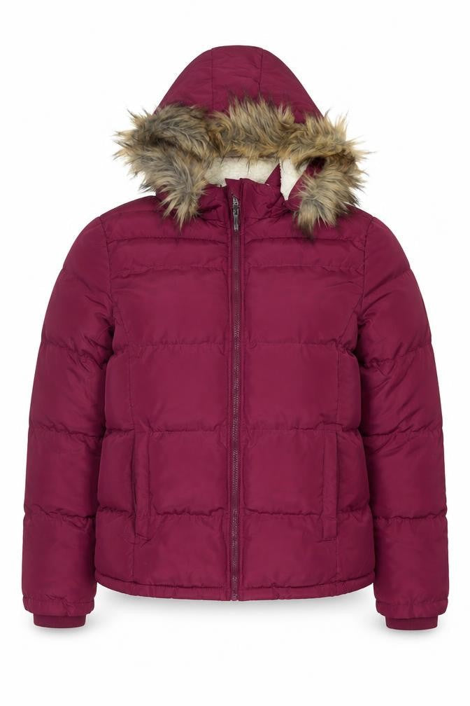Front view of Lee Cooper Women’s Purple Puffer Jacket, size UK 14, Hooded Winter Coat